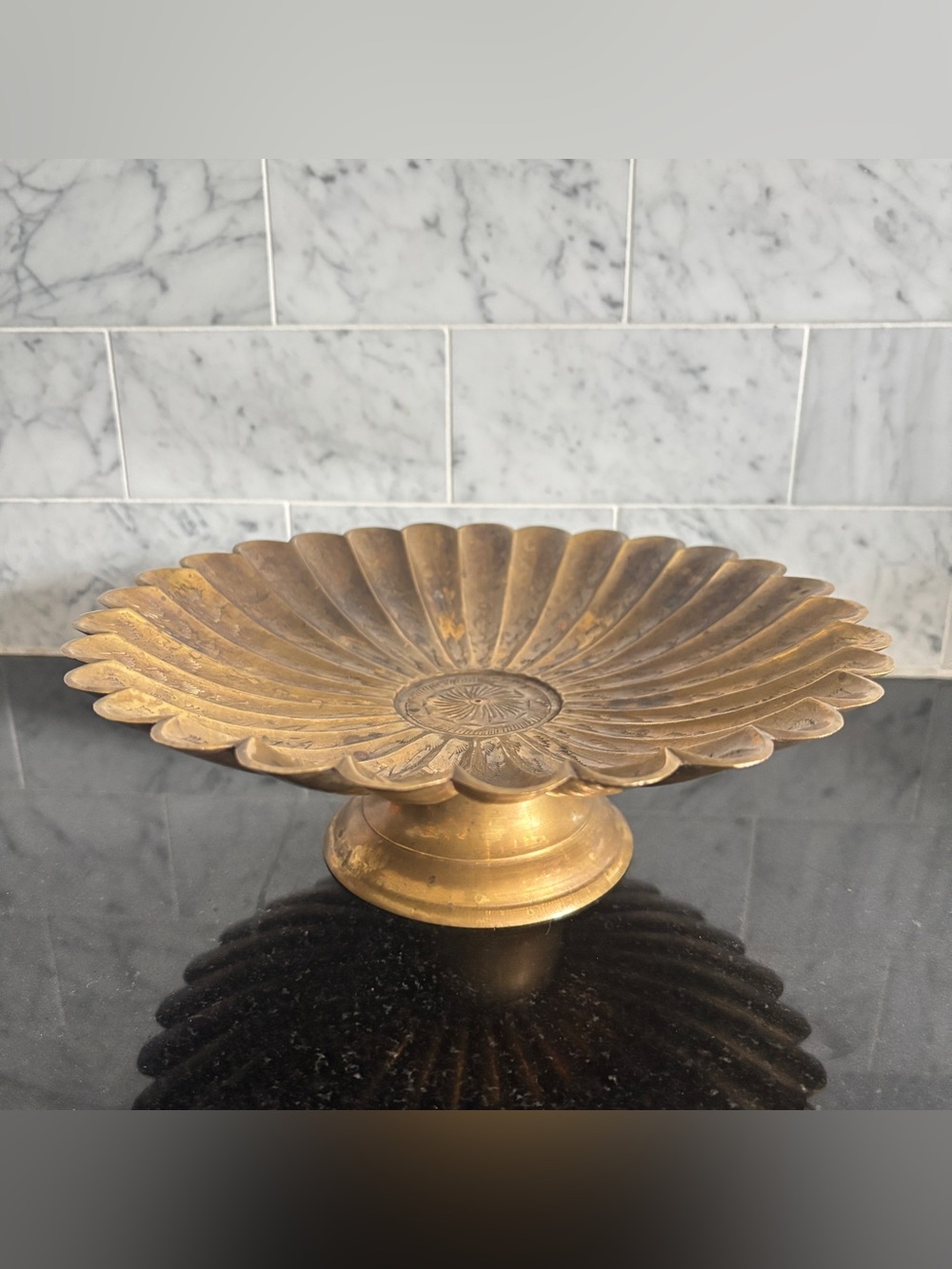 Vintage 9.5" Etched Brass Scalloped Trinket Dish / Key Tray / Console Bowl